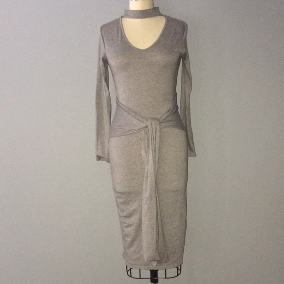 Grey Choker Tie Front Dress - Picture 1 of 5